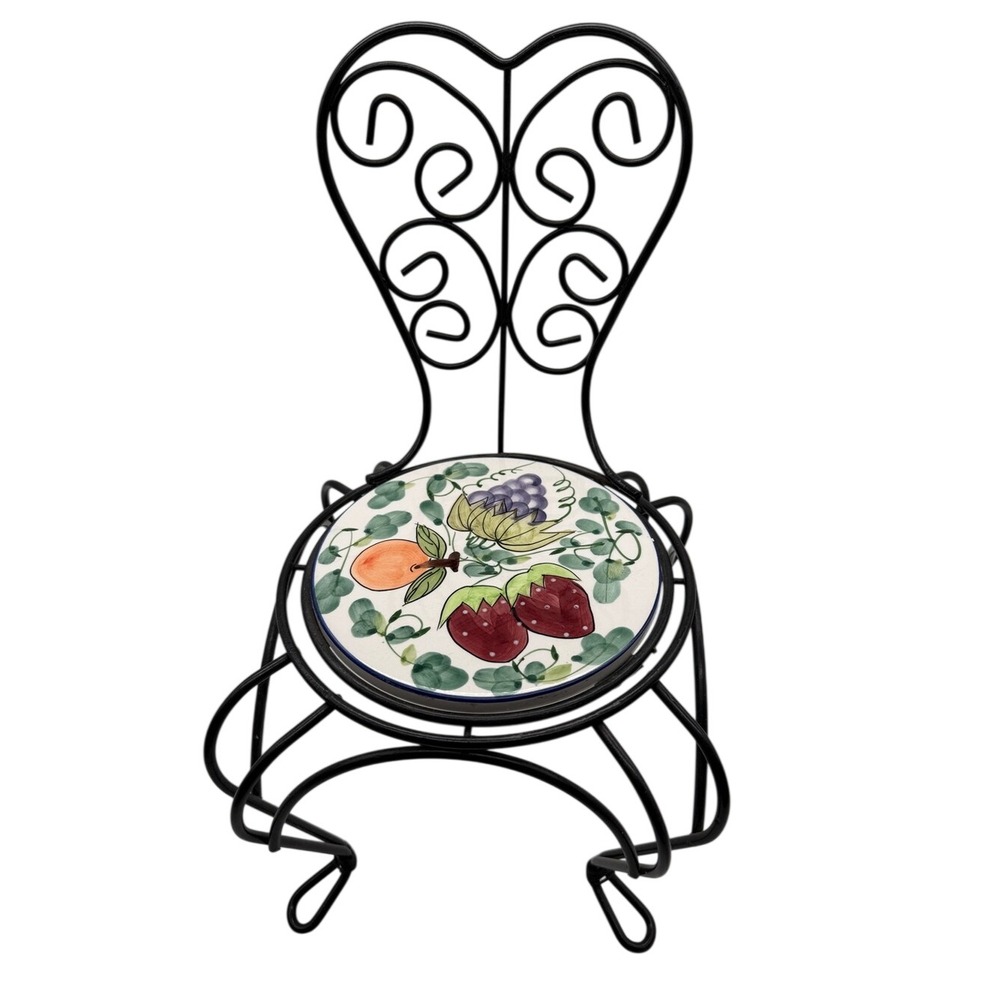 Wrought Iron Plant Stand with Ceramic Fruit Tile Seat